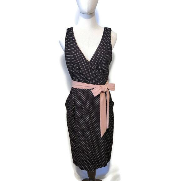 Eva Franco Polka Dot Brown and Pink Dress Tie Waist Midi Classic Chic Party 6 - Picture 11 of 16